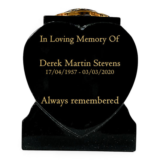 Granite Heart-Shaped Memorial Vase - Premium Black with Gold Metal Flower Pot Insert