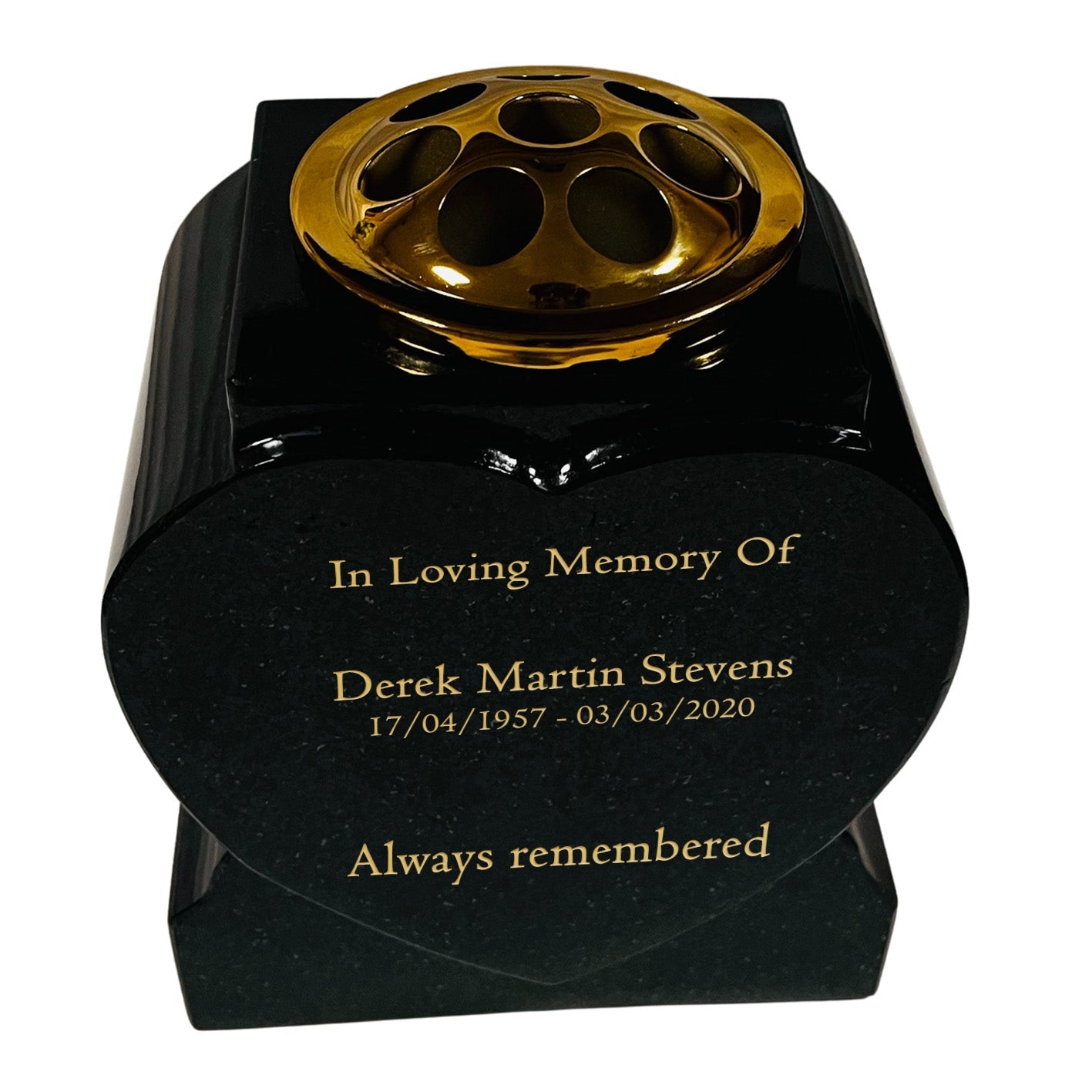 Granite Heart-Shaped Memorial Vase - Premium Black with Gold Metal Flower Pot Insert
