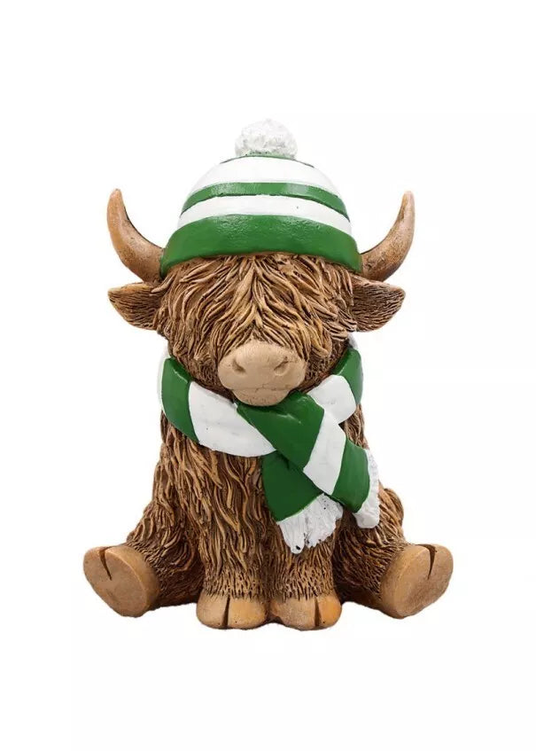 Happy Highland Cow Ornament with Green & White Scarf