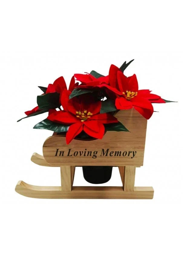 Christmas Memorial Wooden Sleigh With Red Poinsettia - Grave Pot Included