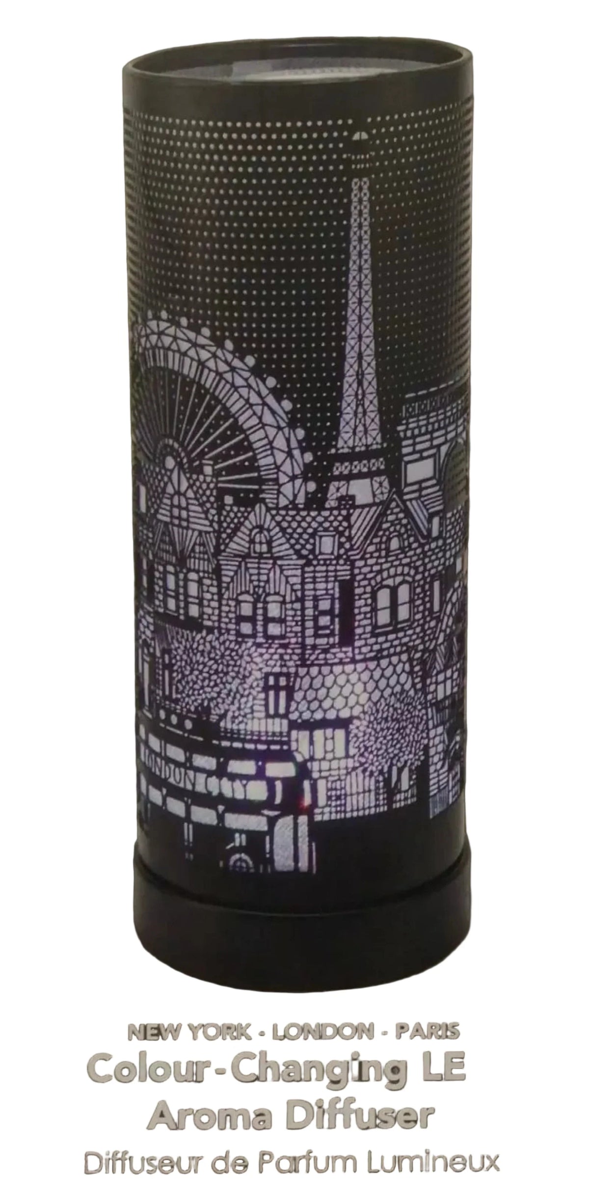 Color-changing LED aroma diffuser with Parisian skyline design on a white background