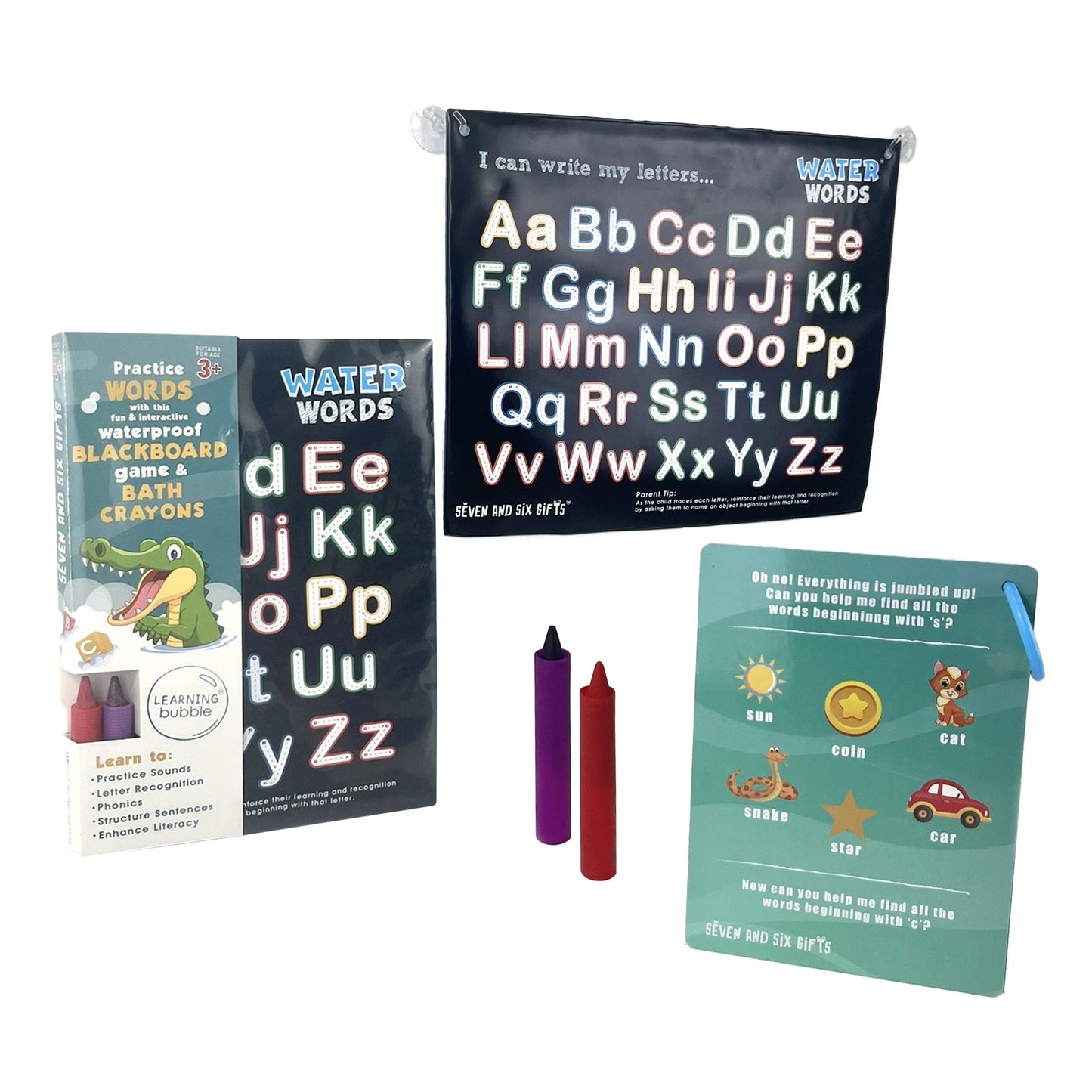 Water Words: Educational Bath Toys & Letter Games - Phonics Flash Cards and Alphabet Toys with Bath Crayons