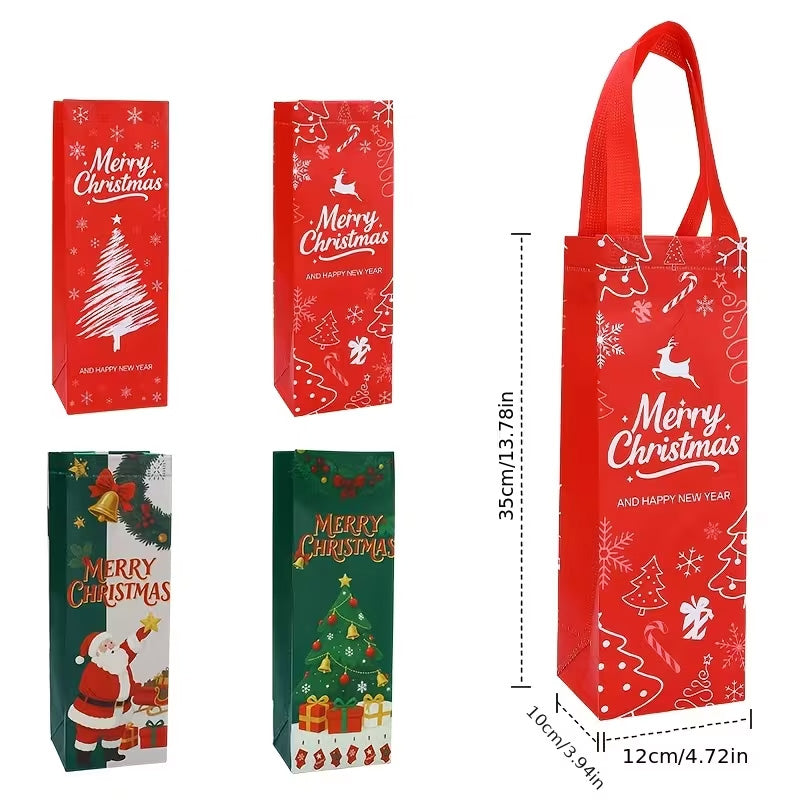 Four red and green Christmas gift bags with festive prints and 'Merry Christmas' text, shown on a white background with dimension lines indicating the large red bag is 35cm tall by 12cm wide.