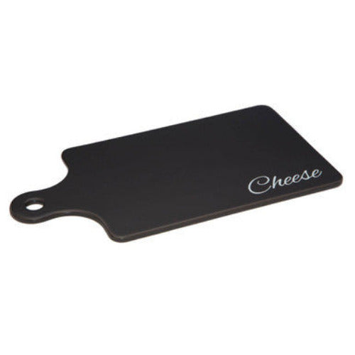 Black cheese board with 'Cheese' text on a white background