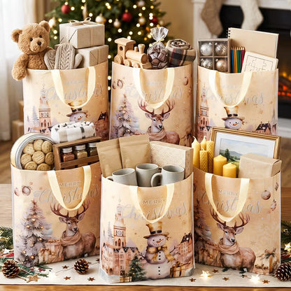 Christmas Gift  Printed Carrier Bag - Snowman & Elk Design
