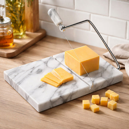 Salerno White Marble Cheese Board with Wire Cutter