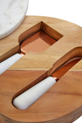 Monzaro White Marble And Wood Cheese Board and Knife Set