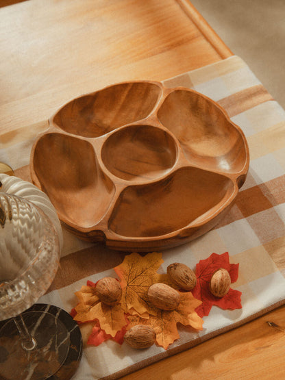 Acacia wood five-section serving dish with shallow round compartments