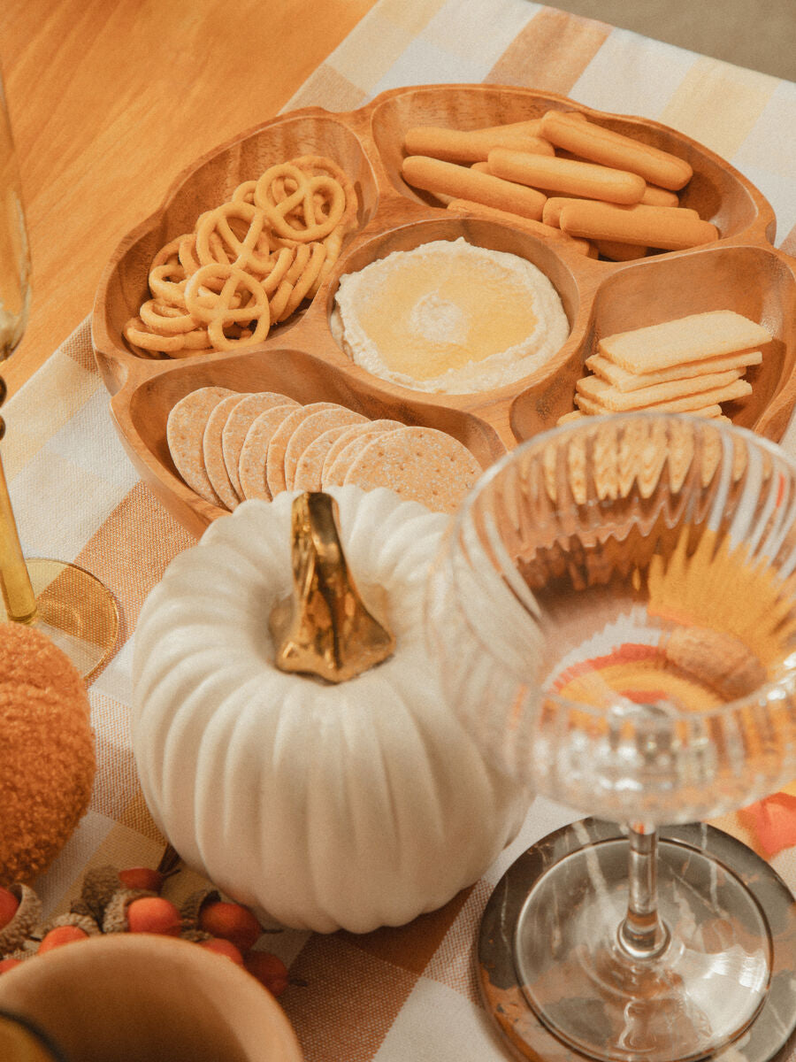 Acacia wood five-section serving dish with center round bowl and side sections