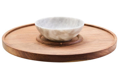 Kora Acacia Wood And White Marble Chip And Dip Plate