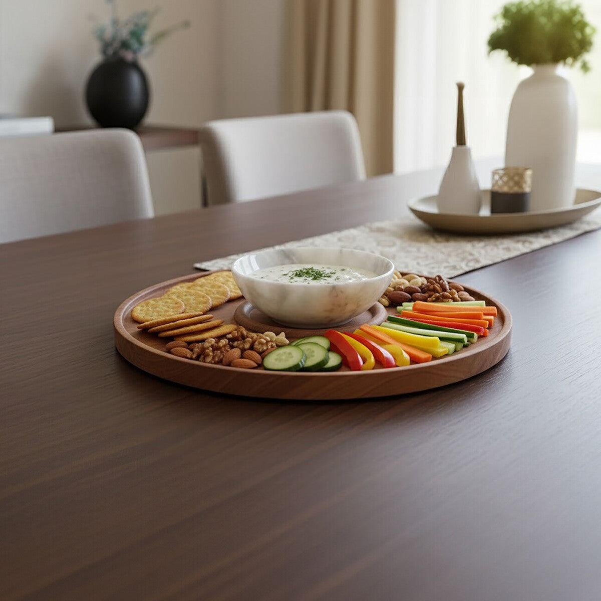 Kora Acacia Wood And White Marble Chip And Dip Plate