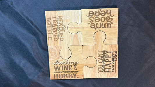 Set 4 Wine Themed Rubberwood Jigsaw Coasters