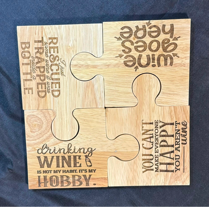 Set 4 Wine Themed Rubberwood Jigsaw Coasters