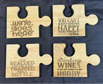 Set 4 Wine Themed Rubberwood Jigsaw Coasters