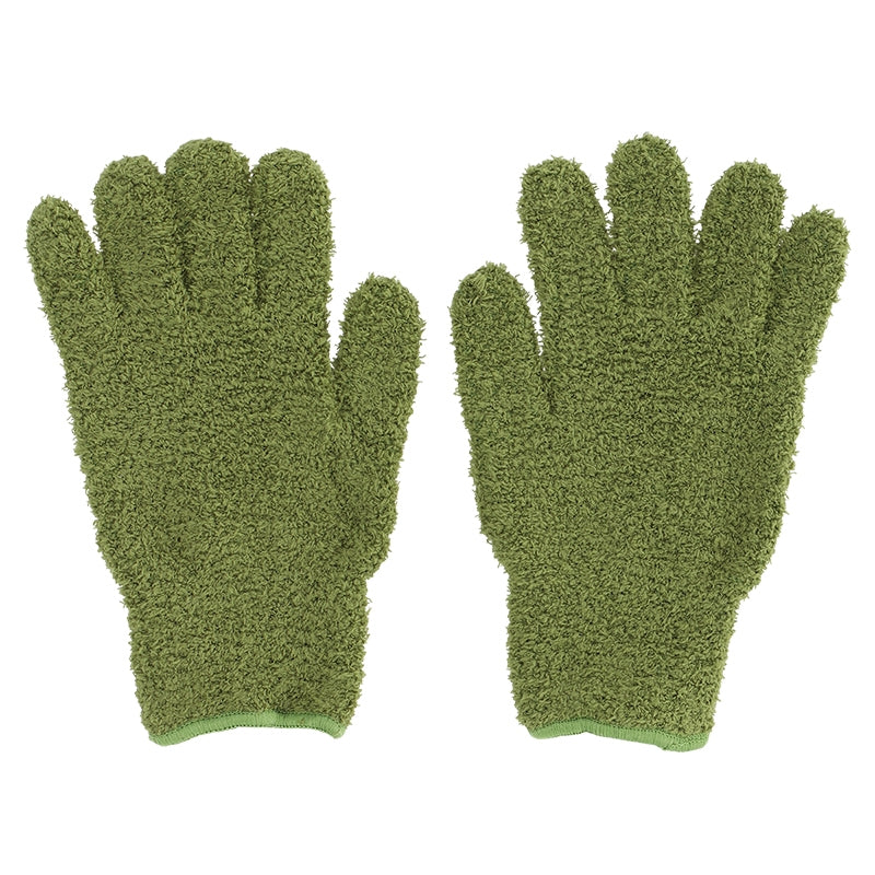 Pair of green gloves with textured surface on a white background