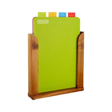 Set of 4 Coloured Chopping and Serving Boards in Wooden Stand