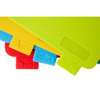 Set of 4 Coloured Chopping and Serving Boards in Wooden Stand