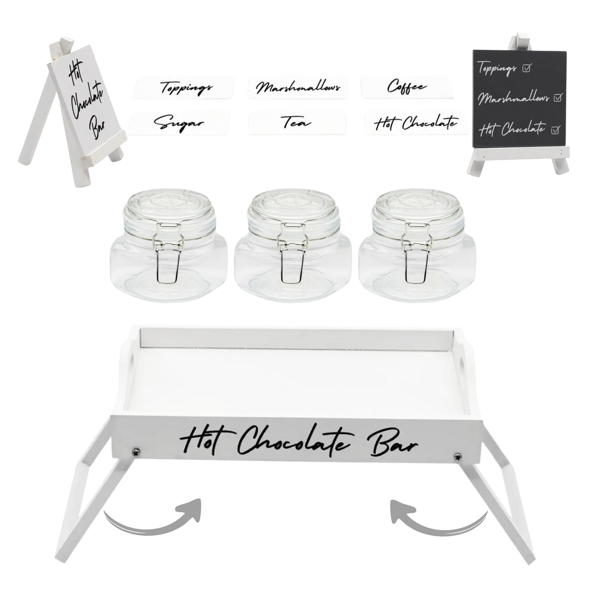 2-in-1 station tray with jars and 'Hot Chocolate Bar' sign on easel