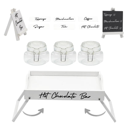 2-in-1 station tray with jars and 'Hot Chocolate Bar' sign on easel