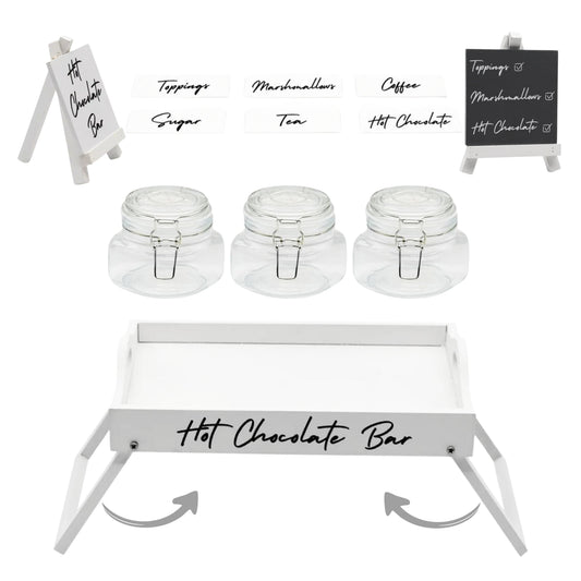 2-in-1 station tray with jars and 'Hot Chocolate Bar' sign on easel