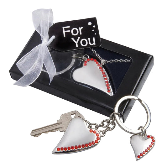 Heart-shaped metal key chain with red crystal accents and key ring