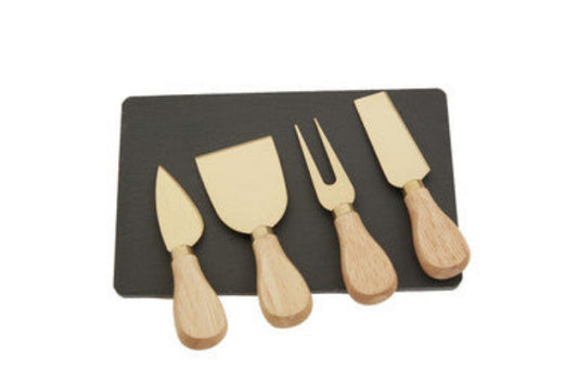 Carter Slate Board And 4 Piece Cheese Knife Set In Gold Finish