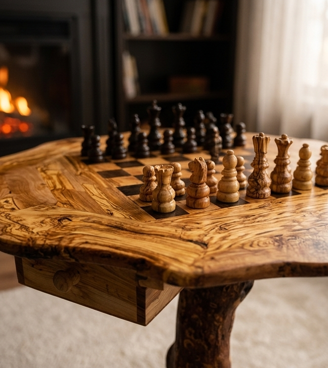 Olive Wood Hand Crafted Wooden Chess Board Set Table With Pieces