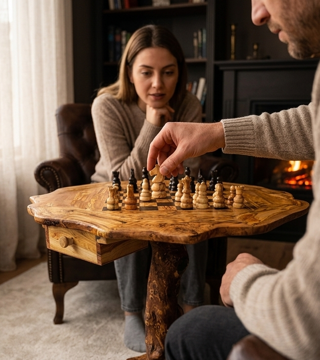 Olive Wood Hand Crafted Wooden Chess Board Set Table With Pieces