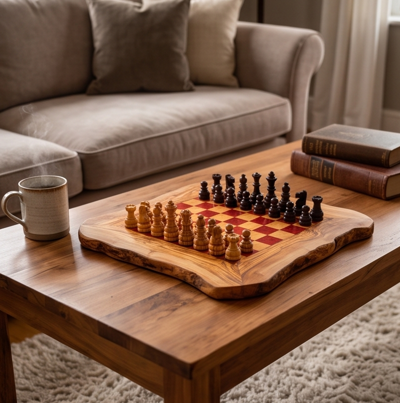 Olive Wood Handcrafted Rustic Shaped Wooden Chess Board Set With Pieces