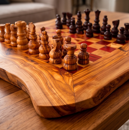 Olive Wood Handcrafted Rustic Shaped Wooden Chess Board Set With Pieces