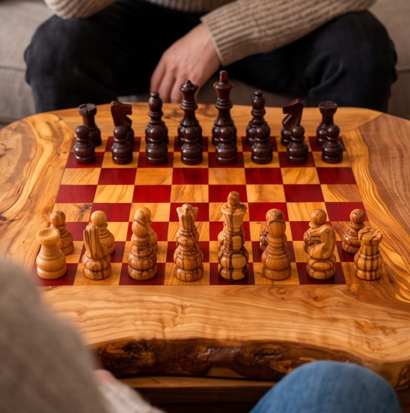 Olive Wood Handcrafted Rustic Shaped Wooden Chess Board Set With Pieces