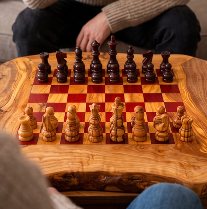 Olive Wood Handcrafted Rustic Shaped Wooden Chess Board Set With Pieces