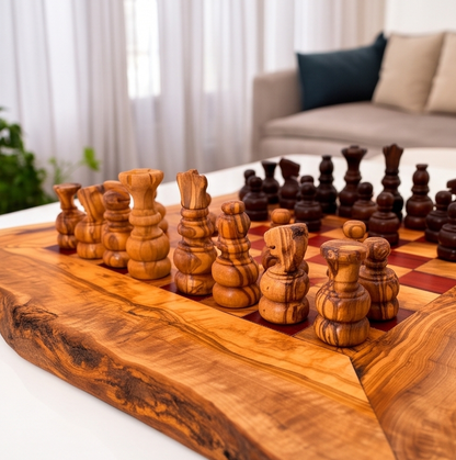 Olive Wood Handcrafted Rustic Shaped Wooden Chess Board Set With Pieces