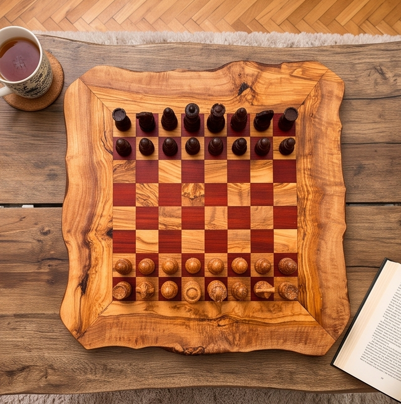 Olive Wood Handcrafted Rustic Shaped Wooden Chess Board Set With Pieces