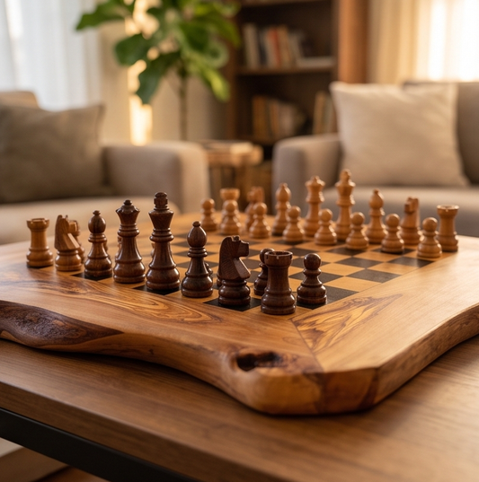 Olive Wood Handcrafted Rustic Shaped Wooden Chess Board Set With Pieces