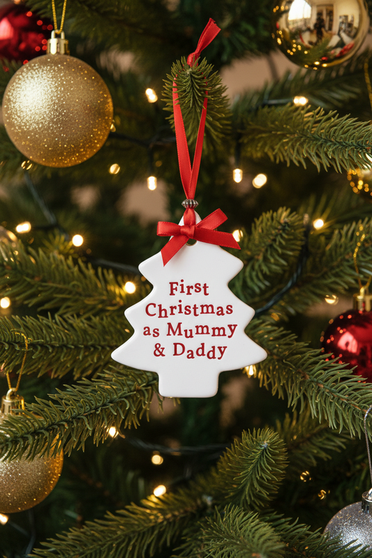 A white Christmas tree-shaped hanging ornament with red text reading 'First Christmas as Mummy & Daddy' and a red ribbon loop at the top