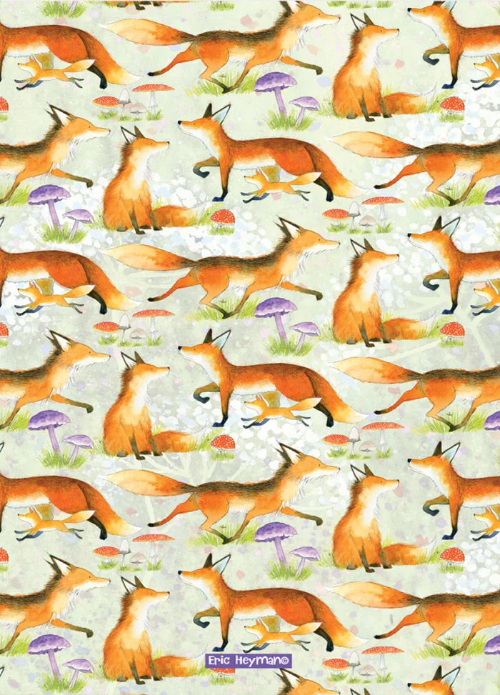 Emma Ball "Eric Heyman Foxes", Pure Cotton Tea Towel. Printed in the UK