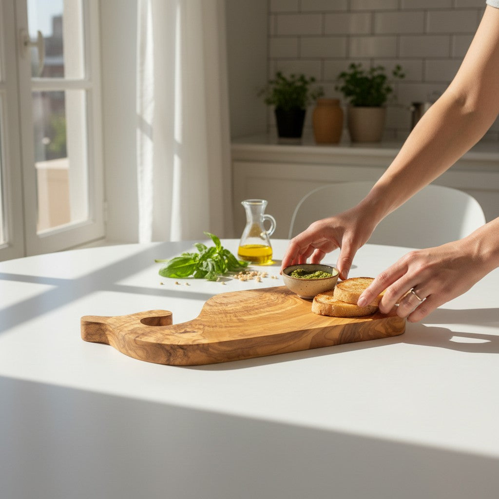 Fish-shaped wooden cutting board with bread and olives; small bowl and pitcher nearby