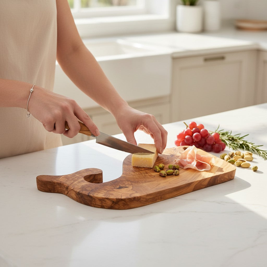 Fish-shaped wooden board with sliced cheese, prosciutto, and grapes; knife resting on top
