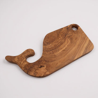 Fish-shaped wooden cutting and serving board with a hanging handle hole
