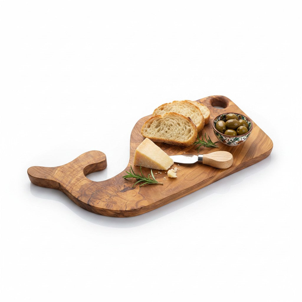 Fish-shaped wooden board with sliced bread, cheese, olives, herbs, and small knife