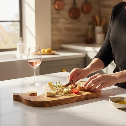 Fish-shaped wooden serving board with sliced bread, herbs, and knife while cooking