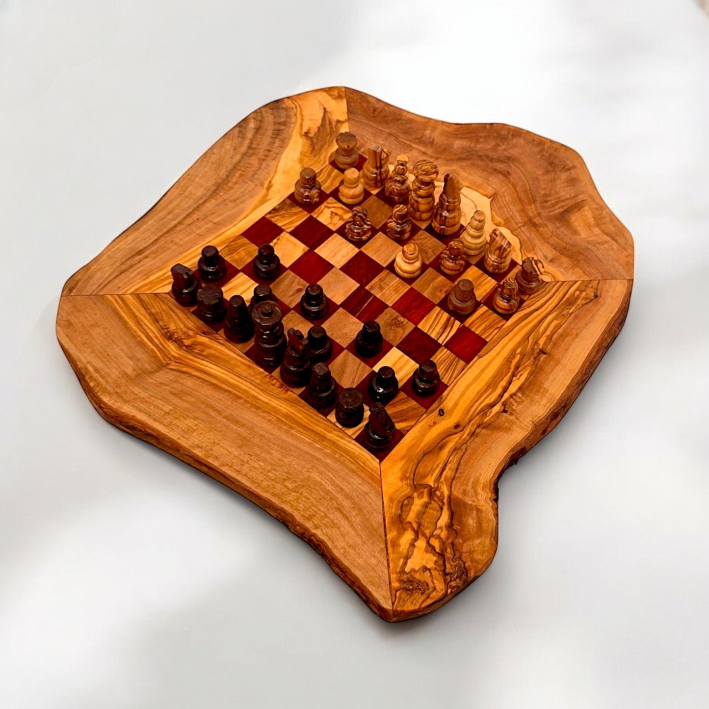 Olive Wood Handcrafted Rustic Shaped Wooden Chess Board Set With Pieces