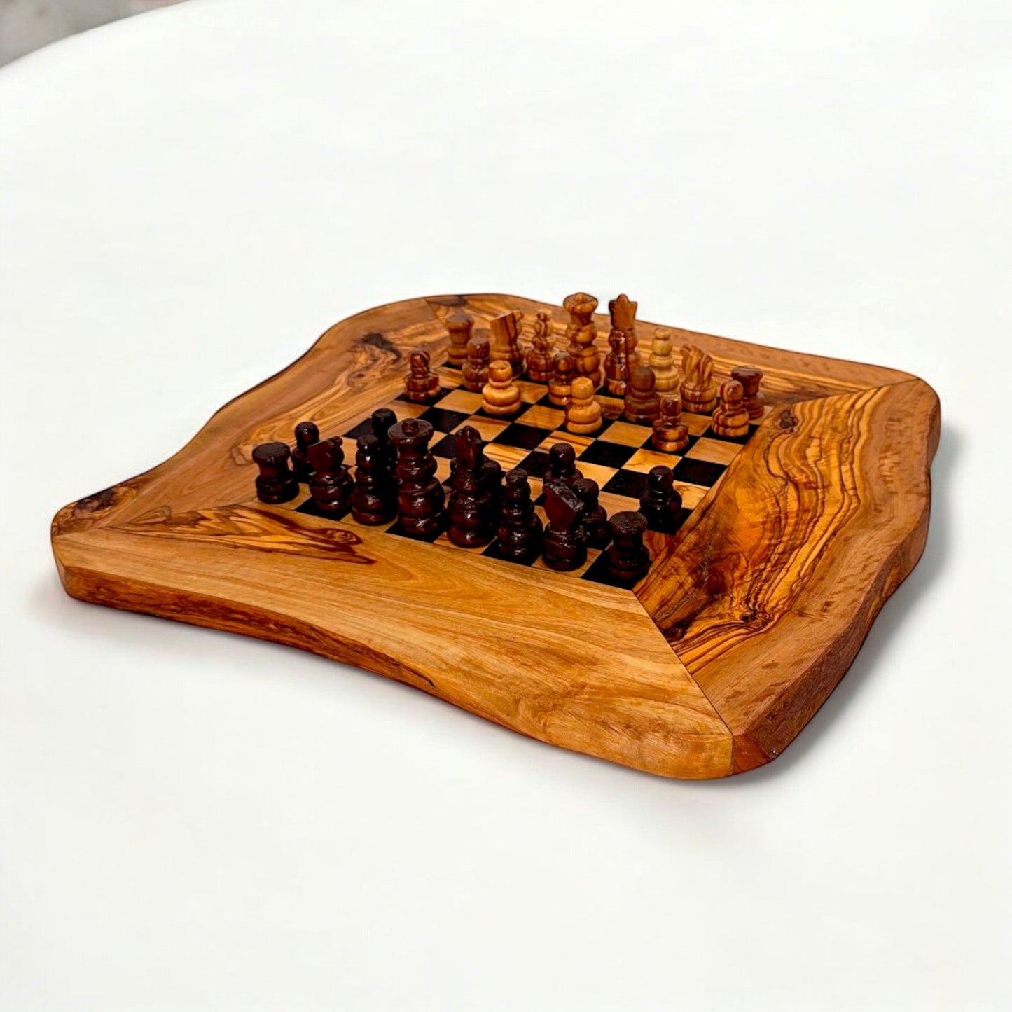 Olive Wood Handcrafted Rustic Shaped Wooden Chess Board Set With Pieces