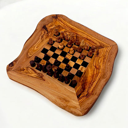 Olive Wood Handcrafted Rustic Shaped Wooden Chess Board Set With Pieces