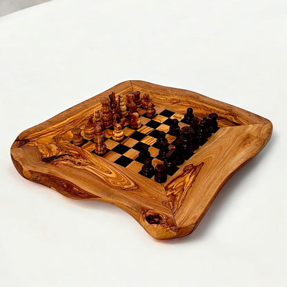 Olive Wood Handcrafted Rustic Shaped Wooden Chess Board Set With Pieces
