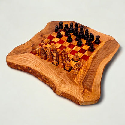 Olive Wood Handcrafted Rustic Shaped Wooden Chess Board Set With Pieces