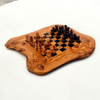 Olive Wood Handcrafted Rustic Shaped Wooden Chess Board Set With Pieces