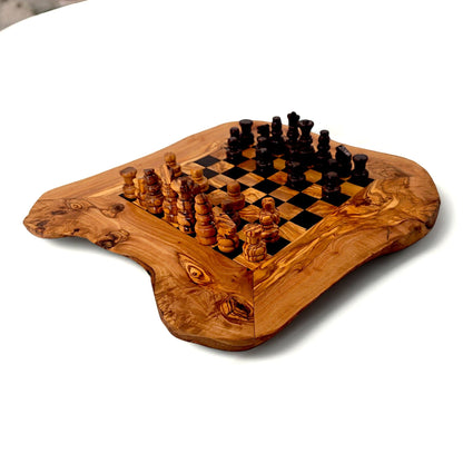 Olive Wood Handcrafted Rustic Shaped Wooden Chess Board Set With Pieces