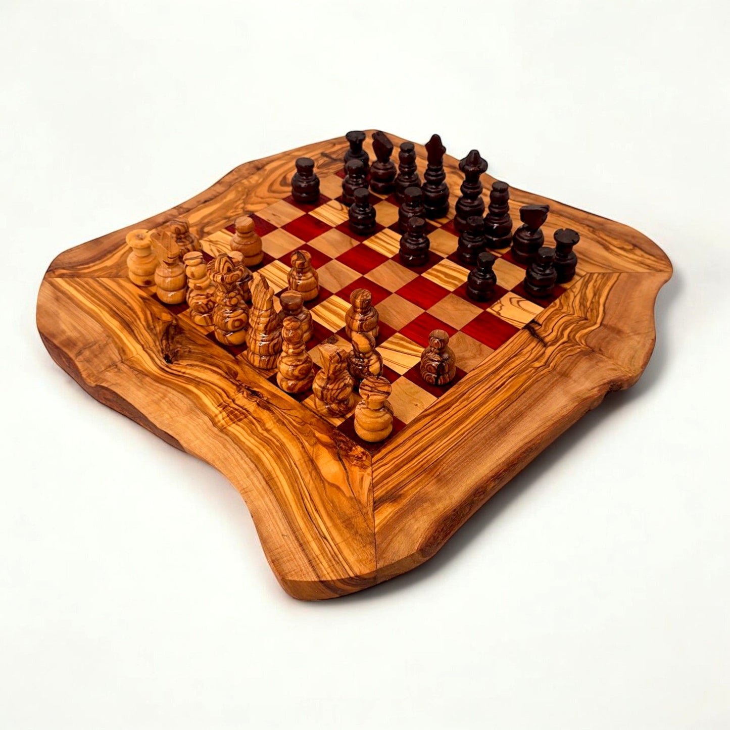 Olive Wood Handcrafted Rustic Shaped Wooden Chess Board Set With Pieces